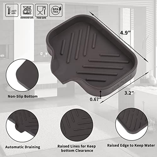 MicoYang Silicone Soap Dish with Drain Spout, Self-Draining Sink Organizer Tray for Bathroom and Kitchen, Sponges, Dispensers and Soap Holder, Non-Slip and Dishwasher Safe, Coffee (Compact, 4.9"×3.2") - Image 2