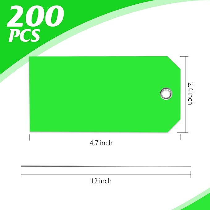 200 PCS 4 3/4" x 2 3/8" Neon Color Shipping Tags with Wire Paper Heavy Duty Hang Tags with Reinforcement Holes Writable Luggage Tag with String Durable Marking Tags (Neon Green, 4 3/4" x 2 3/8")