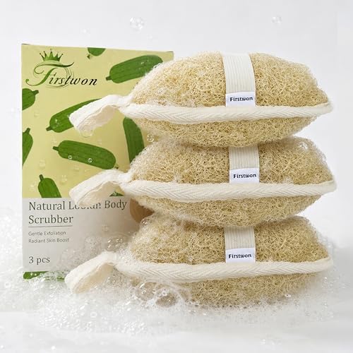 Premium Egyptian Natural Loofah Sponge 100% Plant-Based Exfoliating Body Scrubber Dye-Free Biodegradable Shower Pouf Deep Cleansing for Body Back and Face, Women & Men (3 Pack) by Firstwon