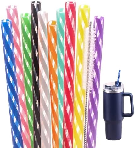 Dakoufish 13 Inch 10 Color Replacement Reusable Drinking Straw for Stanley 64 oz 40 oz 30oz Tumbler,Dishwasher Safe Plastic Straws for Stanley Cup Accessories,Set of 10 with Cleaning Brush by Dakoufish
