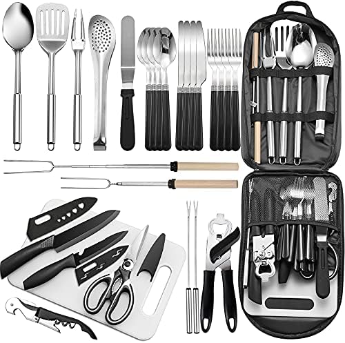 Portable Camping Kitchen Utensil Set-27 Piece Cookware Kit, Stainless Steel Outdoor Cooking and Grilling Utensil Organizer Travel Set Perfect for Travel, Picnics, RVs, Camping, BBQs, Parties and More by Freehiker