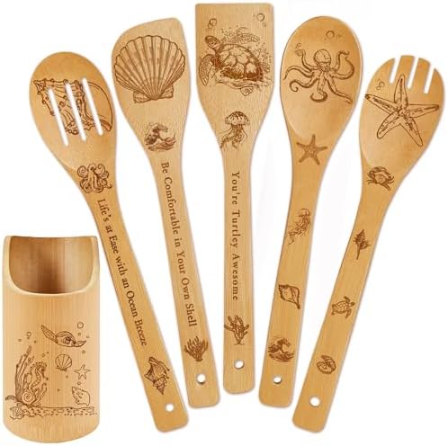 6 PCS Ocean Bamboo Cooking Spoon Set with Utensil Holder,Coastal Themed Kitchen Decor,Beach Accessories Gift for Women,Sea Turtle Lovers,Mother's Day,Housewarming,Birthday,Easter Gifts by DudjotcHome