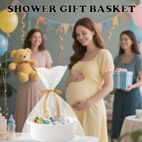 White Woven Rope Basket - Baby Gift Basket with Bag & Ribbon - Image 6