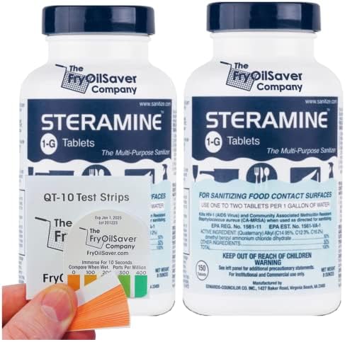 2 Bottles Steramine Sanitizer Tablets, 300 Count + 15x QT-10 Test Strips by THEFRYOILSAVERCOMPANY