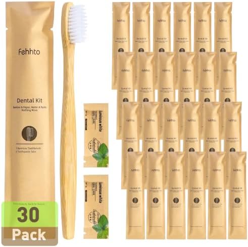 30 Pack Bamboo Toothbrushes Kit, Disposable Travel Toothbrushes with Toothpaste (6g), Individually Wrapped Guest Dental Kit for Hotel Amenities, Airbnb Hosts, Travel & Camping by FEHHTOEco-friendlyLiving