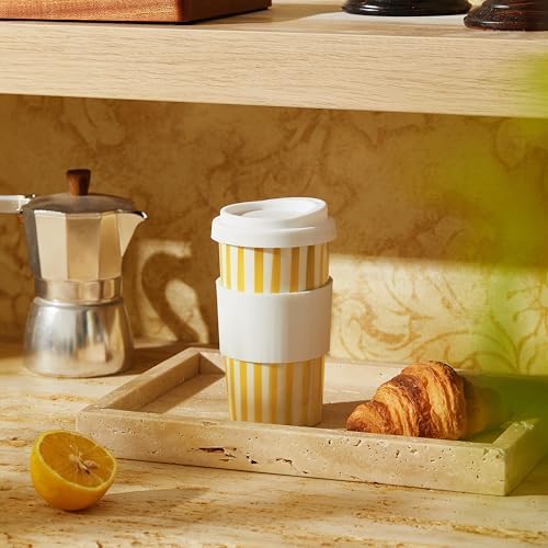 Ceramic Travel Mug with Lid 12 oz Cute Coffee Cup for Women & Men, Bright Aesthetic Travel Mug, Microwave & Dishwasher Safe, Fits Car Cup Holder (Yellow) - Image 6