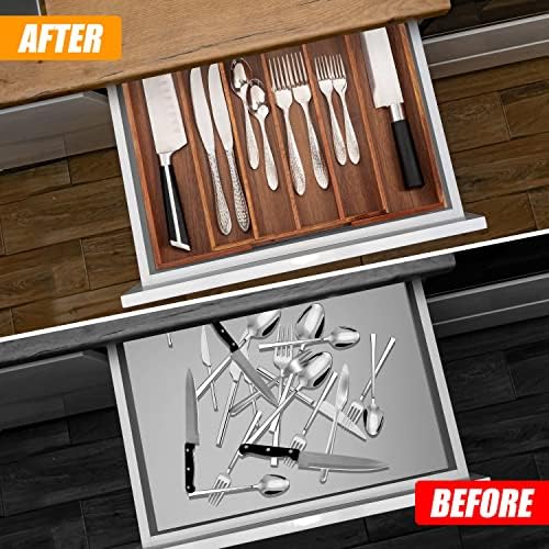 Bellsal Acacia Silverware Organizer Kitchen Drawer Organizer Expandable Bamboo Utensil Holder Cutlery Tray for Kitchen Utensil and Flatware Bedroom Office - Image 2