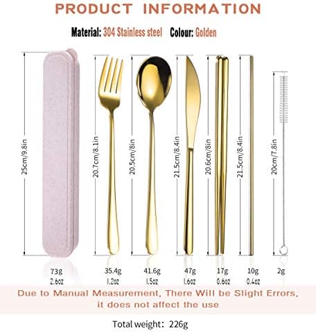 AARAINBOW 6 Pieces 18/8 Stainless Steel Flatware Set Portable Reusable Cutlery Set Travel Utensils Set Including Chopsticks Knife Fork Spoon Straws Cleaning Brush Dishwasher Safe (Golden) - Image 3