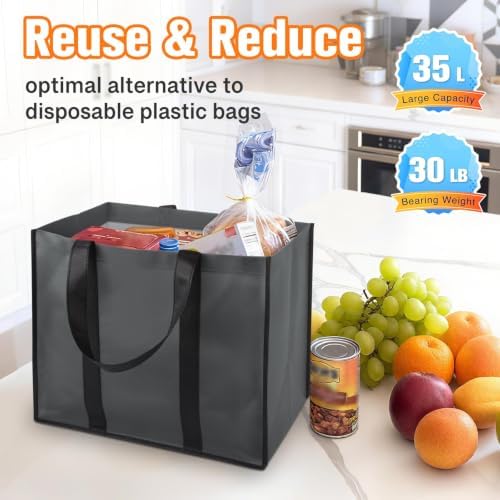 WISELIFE Reusable Grocery Bags, Foldable, Lasting Use, 35L, 3 Pack, Gray - Image 4