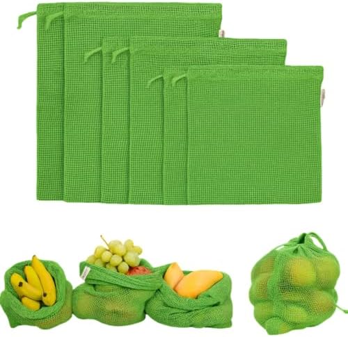 Eco-Friendly Organic Cotton Mesh Produce Bags [Pack of 6] | Reusable Mesh Produce Bags for Grocery Shopping, Fruit & Vegetable Storage | Washable Drawstring Vegetable Bags for Kitchen & Fridge by Unknown