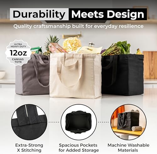 VeraMia Canvas Grocery Bag 3pc XL Set with Real Pockets, Long Shoulder Strap and Short Handle. Heavy Duty, Foldable, Washable - Image 4
