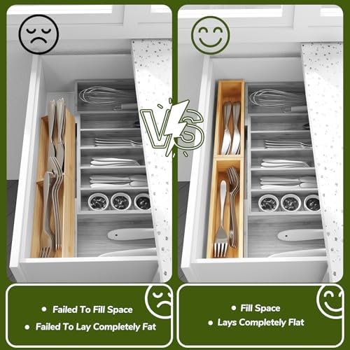BAMEOS Kitchen Drawer Organizer,Small Silverware Drawer Organizer,Bamboo Utensil Organizer for Bathroom, Dressing Room, Office, Pantry (Natural, 11"x 3") Set of 2 - Image 5