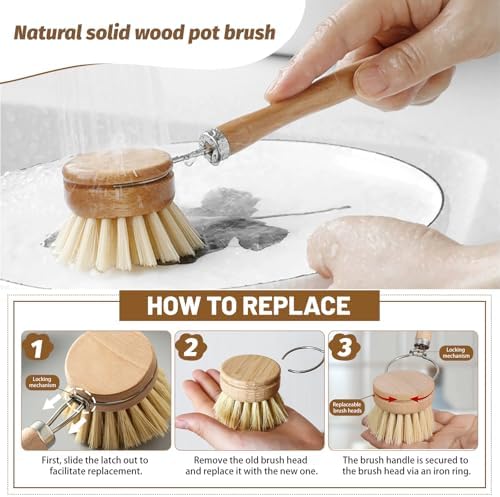 Dish Brush with Handle, Replaceable Natural Bamboo Vegetable Brush with 5 Sisal Brush Heads and Hanging Hook, Multipurpose Kitchen Scrubber for Pots, Pans and Cutting Boards (Natural Wood Colour) - Image 4