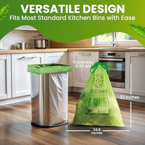 GREENWAY 13 Gallon Compostable Drawstring Trash Bags – Extra Thick 1.0 Mil – 50 Count – BPI & OK Home Certified – Leak‑Proof Kitchen Garbage Bags for Food Waste, Diaper Pails & Tall Bins - Image 2