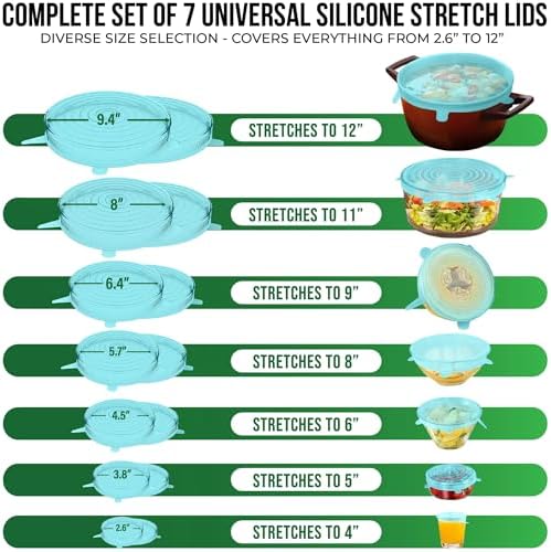 Reusable Silicone Stretch Lids for Food Storage in Fridge - Elastic Heat-Resistant Bowl Covers, Cups, Cans, Jars - Universal Food Grade Lid for Containers - 7 Pack - Light Green Stretchy Lid Set - Image 2