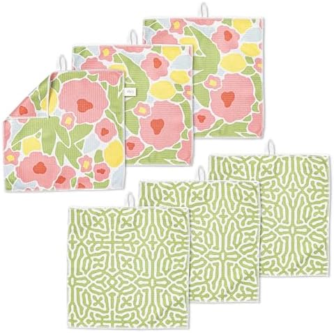 ELYN Microfiber Kitchen Dish Cloth Set, Quick-Dry & Absorbent Waffle Weave Cleaning Towels, Set of 6 Wash Cloths, Paper Towels & Sponge Alternative (Bold Floral & Geo) by ELYN
