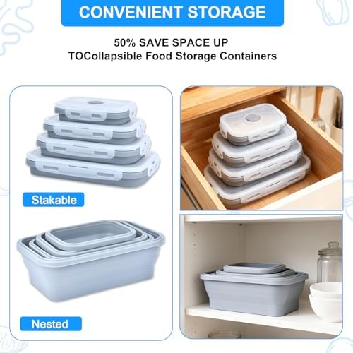 Collapsible Silicone Food Storage Containers 4 Set Airtight Leak Proof Food Containers with Lids Meal Prep for Microwave Freezer Dishwasher for Kitchen Camping Office Navy Blue - Image 4