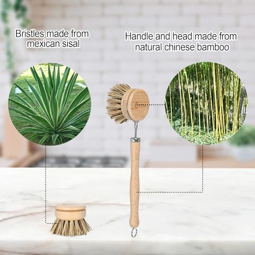 Bamboo Dish Scrubber with Handle - Hard Bristle Natural Bristle Brush Sustainable & Biodegradable Kitchen Scrub Brush for Dishes Pans and Pots - Image 3