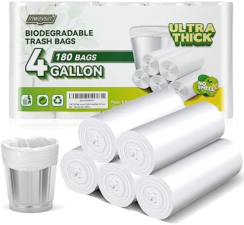 Inwaysin 4-6 Gallon Small Trash Bags Biodegradable 180 Counts, Ultra Thick & Strong 4 Gallon Trash Bag, Unscented Small Garbage Bags, Easy Tearing Waste Basket Liners for Bathroom, Bedroom, Office by Inwaysin