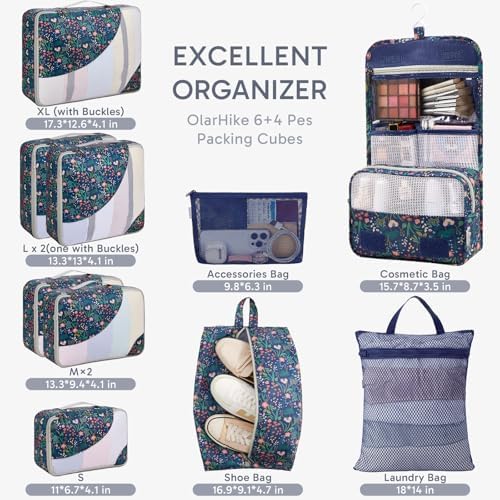 OlarHike Packing Cubes for Travel,Gifts for Women Mom,Anti-Tearing Suitcase Organizer for Luggage with Shoe & Hanging Toiletry Bag,Vacation Essentials & for Cruise Ship,10 Set,Dark Blue Floral - Image 2