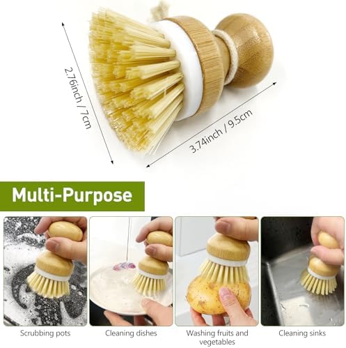 Kitchen Dish Brush, Natural Bamboo Dishwashing Scrubber for Cleaning Dishes, Pots, and Pans with Hanging Rope - Image 6