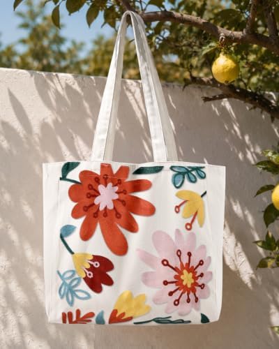 Floral Embroidery Canvas Tote Bag with Magnetic Closure for Daily - Image 3