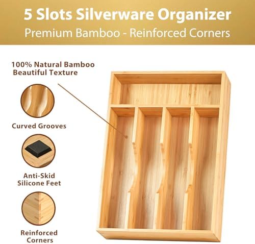 Umilife Bamboo Kitchen Drawer Organizer, 8.25 Inch Silverware Utensils Tray Holder for Small Drawer, Wood Caddy for Flatware Cutlery Knives - Image 2
