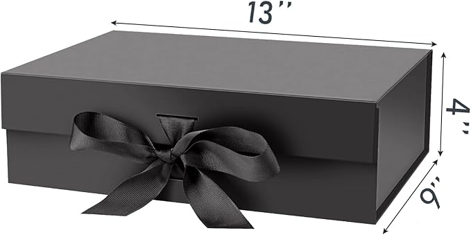 Large Black Gift Box with Lid for Presents 13x9x4 Inch with Ribbon and Magnetic Closure (Pack of 1)