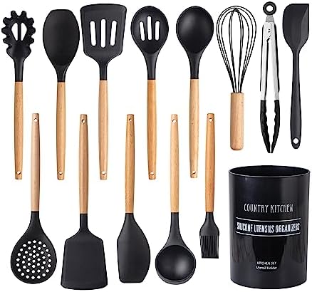 Country Kitchen Non Stick Silicone Utensil Set with Rounded Wood Handles for Cooking and Baking, 14 Piece Set, Black by CountryKitchen