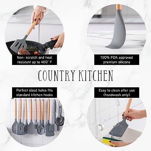 Country Kitchen Non Stick Silicone Utensil Set with Rounded Wood Handles for Cooking and Baking, 38 Piece Set, Gray - Image 2