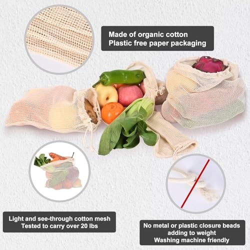Reusable Bags Produce Bags Reusable Washable - Vegetable Bags, Grocery Bags, Cotton Mesh Bags for Farmers Market, Beach, and Refrigerator Storage Vegetables (12) - Image 3