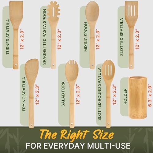 Bamboo Cooking Utensils Set 7 Pcs with Holder, Wooden Spoons for Nonstick - Image 2