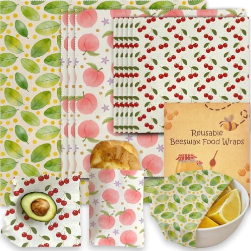 Reusable Beeswax Wraps, Peach Cherry Wraps, 9 Pack Eco-Friendly Food Storage, Organic, Sustainable, Zero Waste, Plastic-Free, For Sandwiches, Bread & Bowls, 1XL, 3M, 5S by Unknown