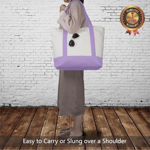 TOPDesign 3-Pack Canvas Tote Bags with an External Pocket, Reusable Grocery Shopping Bags, Top Zipper Closure, Daily Essentials (Lavender/Natural) - Image 2