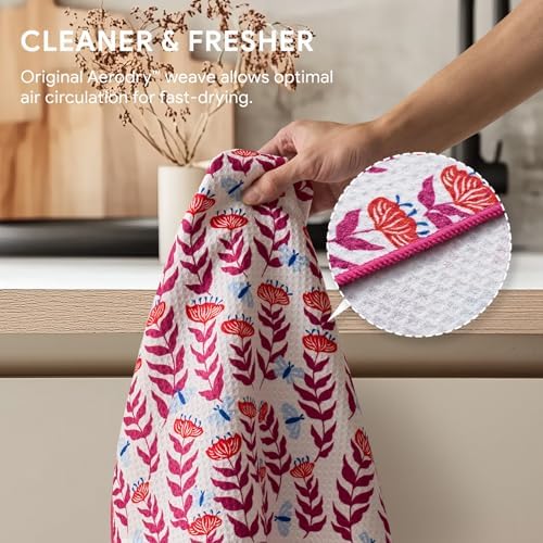 RECYCO Waffle Kitchen Towel Set of 2 - Quick Dry Microfiber Sustainable Dish Towels - Absorbent Reusable Cleaning Tea Towels - Lightweight Hand Towels,16”x 28”, Blossom Brilliance Pink - Image 4