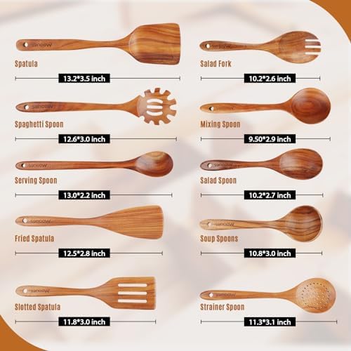 Mooues Wooden Spoons for Cooking, Wooden Utensils for Cooking Natural Teak Wooden Kitchen Utensils Set Comfort Grip (10 PCS SET) - Image 4
