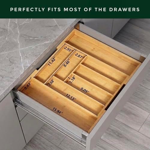 Bamboo Drawer Organizer, Expandable 8-Slot Silverware & Utensil Tray for Kitchen Drawers, Fits 13–19.5 Inch Drawers, Deep Compartments, Durable & Eco-Friendly Natural Bamboo - Image 2