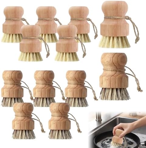 12 Pcs Bamboo Dish Brush Set, Palm Wooden and Sisal Bristles Dish Scrubber, Dish Brushes with Lanyard, Durable Wood Dishes Scrub, Natural Round Vegetable Cleaning Pots Pans Sink Washing Kitchen Brush by MOSIOBERDAVIAN