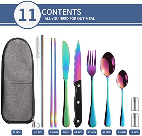 Logcow Travel Utensils Set with Case, 10-Piece Reusable Stainless Steel Camping Cutlery, Portable Fork Spoon Knife Chopsticks & Straw for Work, Lunch, Picnic (Rainbow) - Image 2