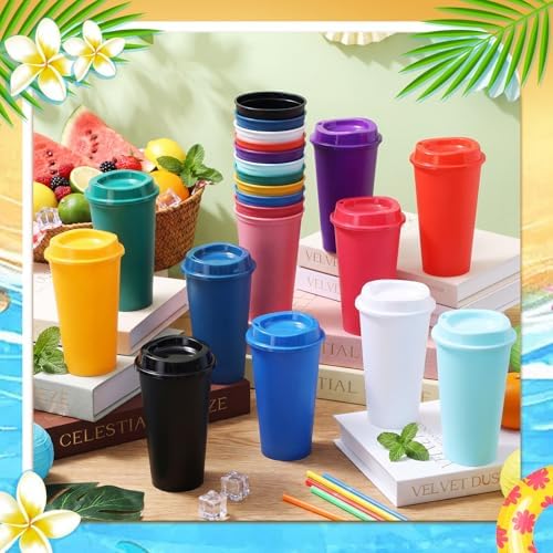 Honeydak 66 Pack 16 oz Reusable Coffee Cups with Lids Water Bottle Iced Coffee Travel Mug Portable Plastic Tea Tumblers Bulk for Hot and Cold Drinks Birthdays Party (Solid Color,Classic) - Image 2