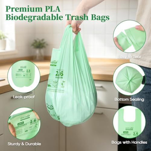 ECOLipak 2.6 Gallon 100ct Small Compostable Kitchen Trash Bags with Handles - Image 6