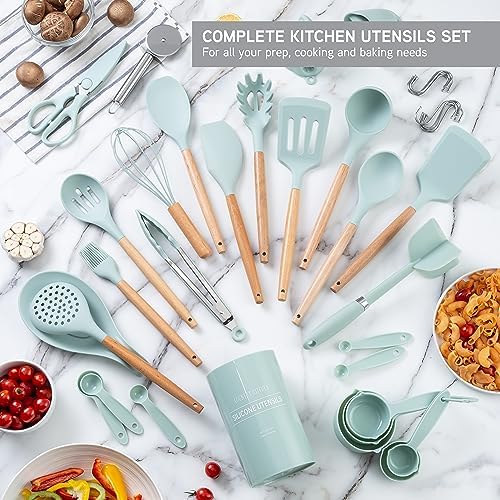 Country Kitchen Non Stick Silicone Utensil Set with Rounded Wood Handles for Cooking and Baking, 38 Piece Set, Mint - Image 3