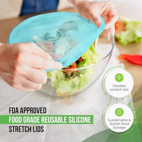 Reusable Silicone Stretch Lids for Food Storage in Fridge - Elastic Heat-Resistant Bowl Covers, Cups, Cans, Jars - Universal Food Grade Lid for Containers - 7 Pack - Light Green Stretchy Lid Set - Image 4