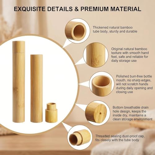 2 Pack Natural Bamboo Toothbrush Travel Case, Portable Reusable Toothbrush Storage Tube with Cover for Bathroom, Travel Trip and Camping - Image 4