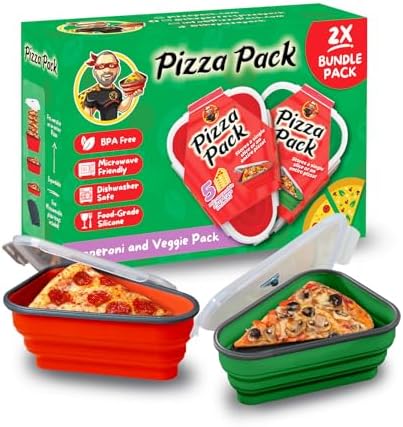 PIZZA PACK The Perfect Reusable Pizza Storage Container with 5 Microwavable Serving Trays - BPA-Free Adjustable Pizza Slice Container to Organize & Save Space, 2 Pack, Red, Green by PizzaPack%E2%84%A2