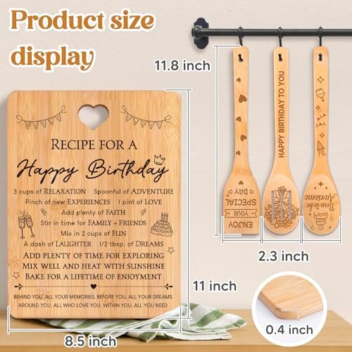 Birthday Gifts for Women - "Recipe for a Special Happy Birthday" Birthday Gifts for Men Cutting Board Set, Bamboo-Made Engraved Utensil Set Gifts for Women Birthday. - Image 3