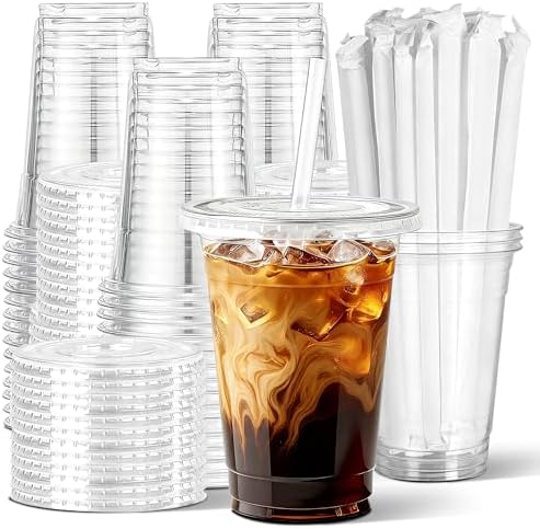 Ginkgo 50 Pack 16 oz Clear Plastic Cups with Lids and Straws by HOME