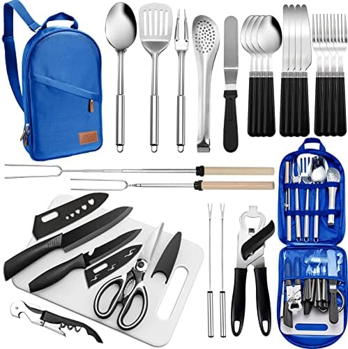 Portable Camping Kitchen Utensil Set-27 Piece Cookware Kit, Stainless Steel Outdoor Cooking and Grilling Utensil Organizer Travel Set Perfect for Travel, Picnics, RVs, Camping, BBQs, Parties and More by Freehiker