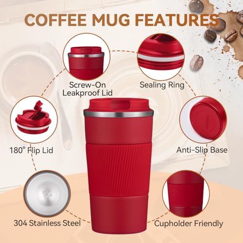 12OZ Travel Coffee Mug Insulated Coffee Cup with Spill Leak Proof Lid, Portable Stainless Steel Tumbler Reusable Hot and Cold Water Mug for Car, Daily, Camping- Red - Image 4