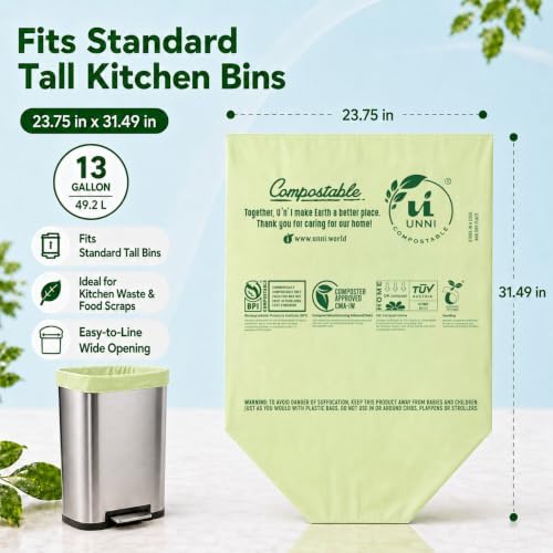 UNNI Compostable Bags, 13 Gallon, 50 Count, 49.2 Liter, Extra Thick 0.9 Mil - Image 3